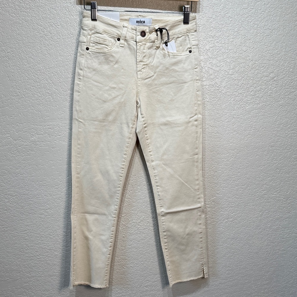 Mica Women Cream Size 24 Mid Rise Straight Crop Raw Hem Stretch Jeans NWT‎